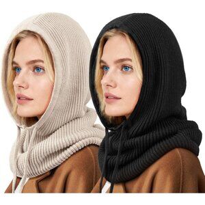 Women's Scarf Hat Balaclava Beanie Skull Cap with Drawstring Warm Black Camel